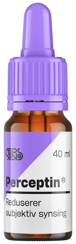 Et glass med Perceptin, fiktive øyedråper fra Stilongs som reduserer subjektiv synsing